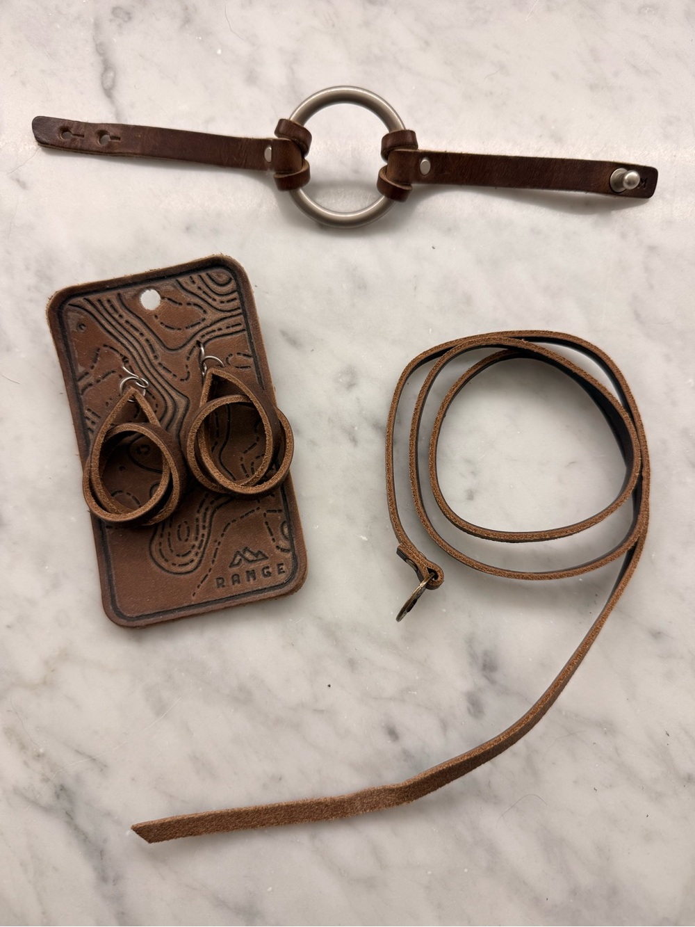 Leather Ring Bracelet, Earrings and Strap bracelet - Brown